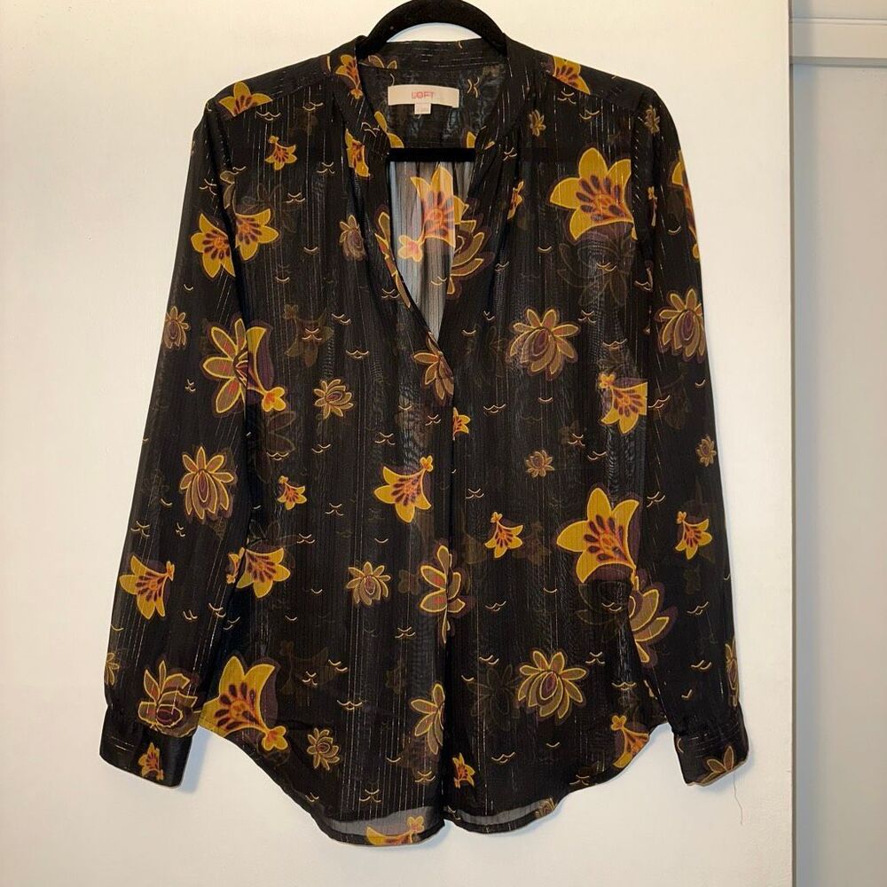 Ann Taylor LOFT Women’s Small V Neck Long Sleeve Blouse Shirt Black Gold Floral